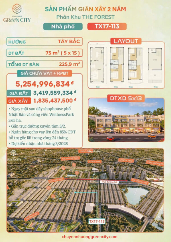 Nhà Phố Giãn Xây 2 Năm Giá Tốt Tại Vinhomes Green City