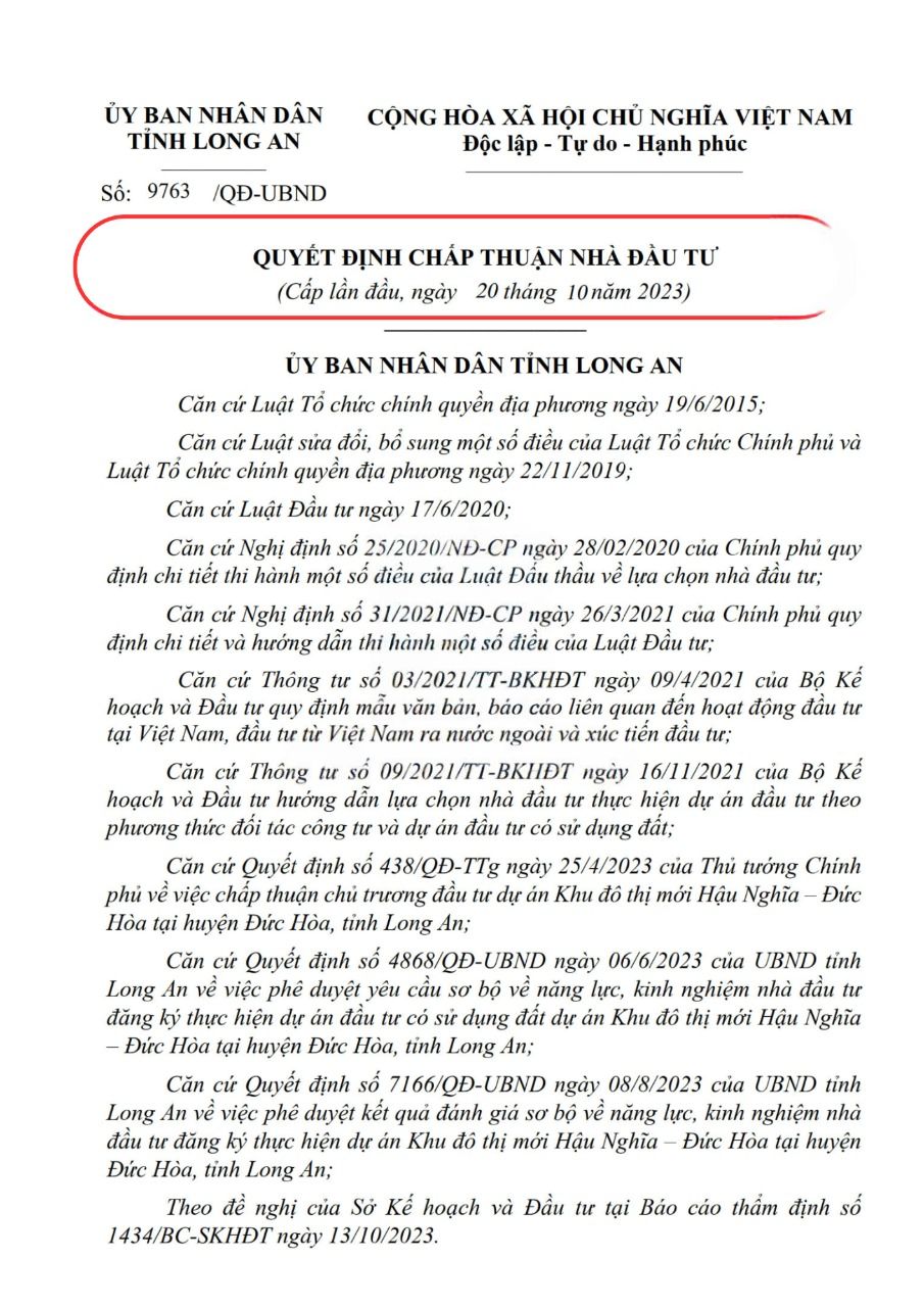 Quyết định chấp thuận nhà đầu tư phát triển Vin Long An